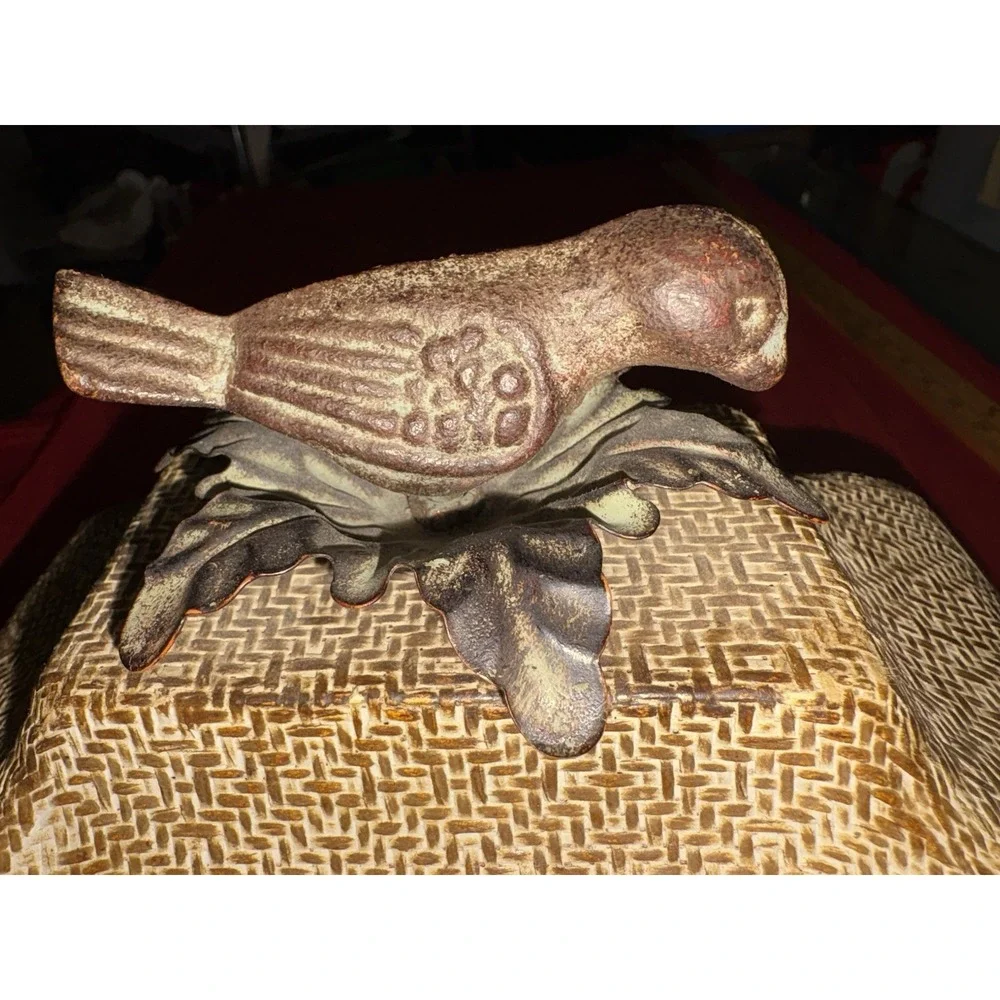 Vintage Decorative Trinket Box Red Dragonfly Basketweave Metal Bird Handle Large